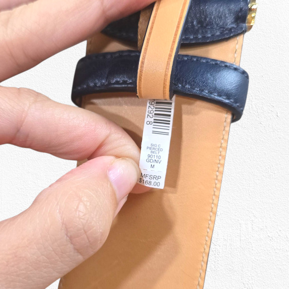 Coach Sig C Pierced Belt 90110 Navy Gold Square Buckle Leather Size Medium - Picture 7 of 10